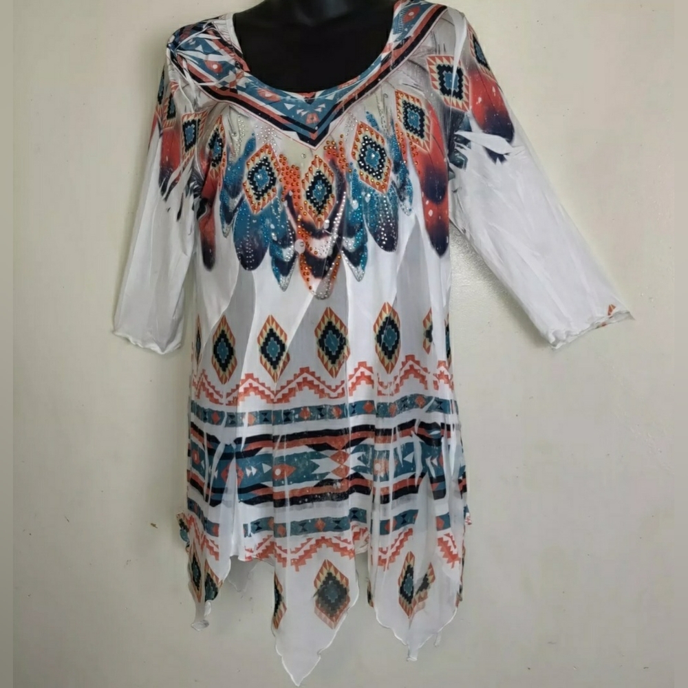 Pyramid Collection Tunic Top AZTEC Southwest Lightweight Asymmetrical SMALL - Picture 2 of 12